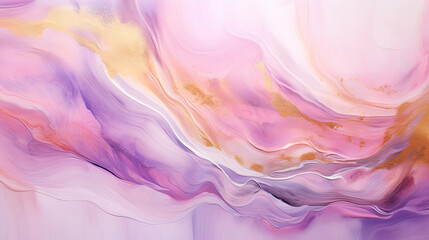 An abstract painting featuring soft pink and lavender waves with gold accents, evoking a sense of...