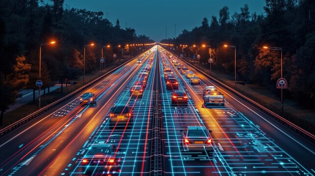 Foto przedstawia analizę ruchu  pojazd&oacute;w na autostradzie w nocy