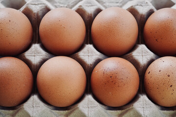 Top view close-up of eggs in carton box.
