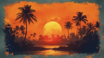 Obraz olejny przedstawiający tropikalny krajobraz z drzewami palmowymi i zachodem słońca.