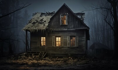 Fototapeta na wymiar Abandoned house in a foggy forest. 3D rendering
