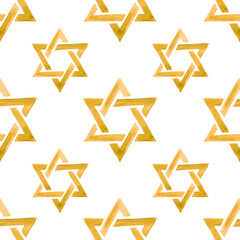Golden Star of David pattern. Ink brush splash watercolor illustration. - obrazy, fototapety, plakaty