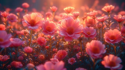 Zdjęcie przedstawia pole różowych kwiatów z słońcem w tle. - obrazy, fototapety, plakaty