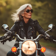Fototapeta premium An elderly woman in a leather jacket is enjoying a trip on a motorbike.
