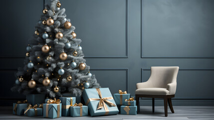 Christmas tree and a chair stands near the fireplace and other holiday decorations in white loft