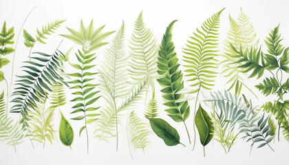 A collection of tropical ferns with intricate leaf isolated, white background