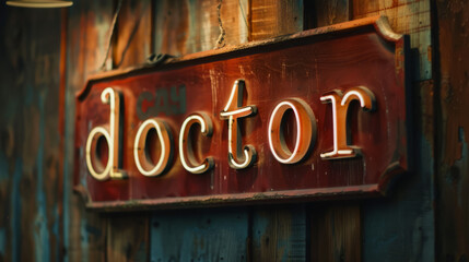 Vintage Neon Doctor Sign on Rustic Wood, text saying "doctor", doctors surgery.