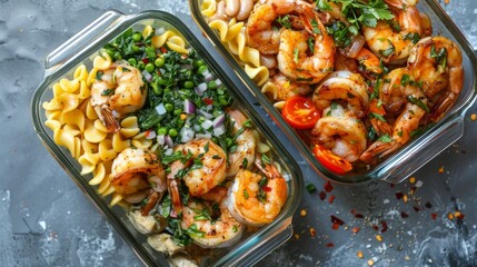 mediterranean meal prep food with shrimps, chicken, pasta, greens, bean, food photography, 16:9