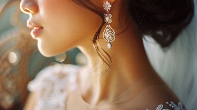 Bride in White Transparent Dress with Diamond Earrings