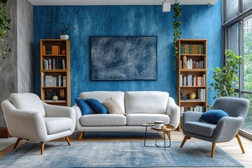 Atmospheric blue Scandinavian style living room with white sofa