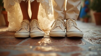 Bride and Groom Feet in Sneakers at Wedding Ceremony
