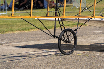 A replica of the landing gear of a Bleriot XI aircraft from the history of aviation