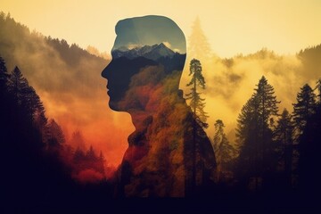 Double Exposure of Human Silhouette and Nature