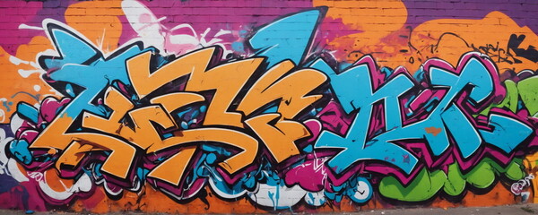 Graffiti on the wall, made in the style of pop art. The artwork is a mix of bold colors and abstract forms of street art.