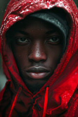 Portrait of a teenager in a red raincoat in the rain.