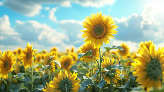Sunflower Field with Cloudy Blue Sky 8K 3D Rendered Scene