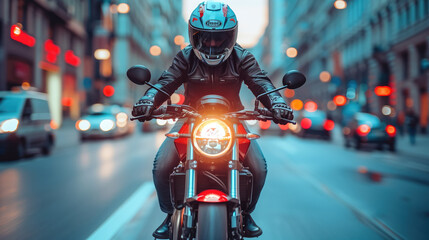 Motorcyclist riding through city traffic at twilight with headlights on.