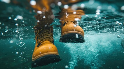 Underwater view of a person's feet in yellow boots with bubbles around, concept of unexpected or surreal situations.