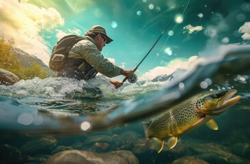 Fisherman in river catching trout, dynamic underwater view with fish in foreground and sunny sky...