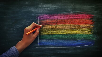Hand drawing a vibrant rainbow with chalk on a blackboard, symbolizing creativity and diversity. - Powered by Adobe