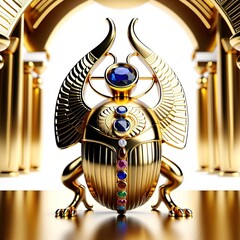 Golden scarab beetle with precious stones, Egyptian jewelry.