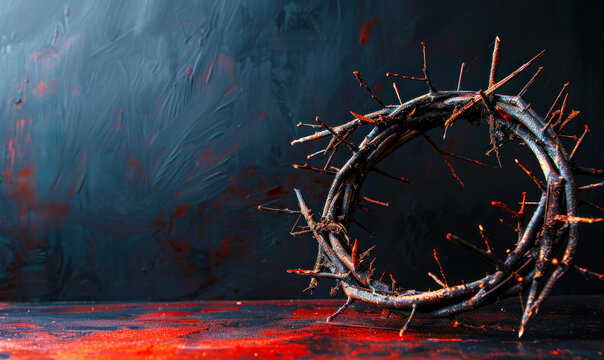 Conceptual representation of Good Friday with a poignant crown of thorns, signifying sacrifice and reflection, set against a dark, solemn background
