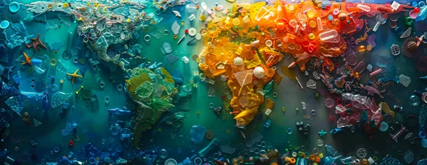 Poster Carte du monde Global environmental issue of microplastic pollution depicted by colorful plastic debris forming world map, highlighting the ecological impact on Earth