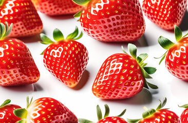 Wallpaper with fresh red strawberries on a white background. Horizontal format. 