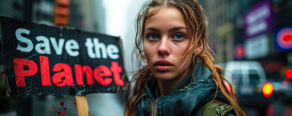 Activist holds up a Save the Planet sign during an environmental protest, expressing urgency and advocacy for earth conservation, in a focused call to action for climate change
