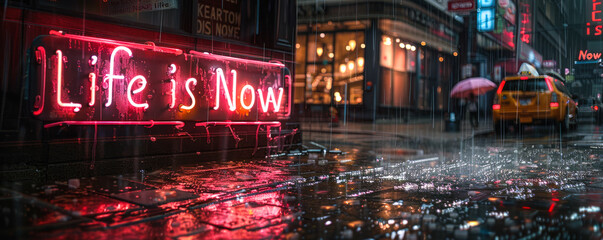 Illuminated neon sign in a rainy cityscape boldly declaring Life is Now, emphasizing the concept of living in the moment and the vibrancy of life