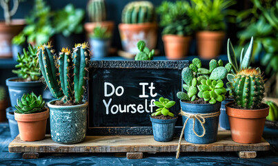Do It Yourself inspirational quote on a black chalkboard with cacti and green plant in pots, encouraging creativity and personal effort