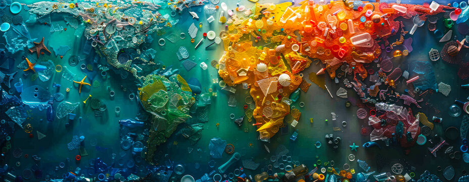 Fototapeta Global environmental issue of microplastic pollution depicted by colorful plastic debris forming world map, highlighting the ecological impact on Earth