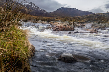 Slow shutter release of a fast flowing river in the highlands of Scotland