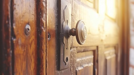 Obraz premium Vintage wooden door with metal handle, warm sunlight effect, selective focus, concept of opportunity and welcome.