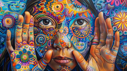 A young artist creating thought-provoking murals that promote empathy, diversity, and social justice, inspired by the vision of Indigo children for a more inclusive world, love, re