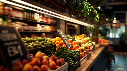 A showcase of vegetables and fruits in the store