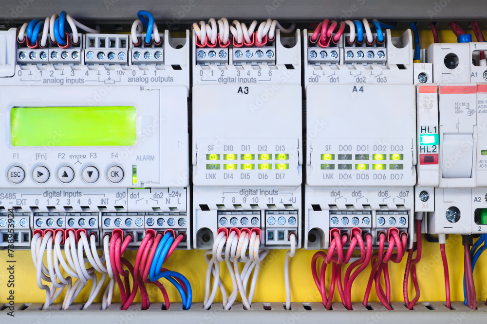 Poster new automated system of electric power supply and distribution. Electric boxes with high-voltage equipment. The scheme for supplying electric power through the main and reserve channels
