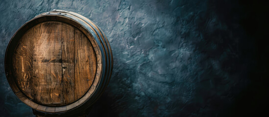 Top view of a wooden barrel on a dark blue textured background with copy space.