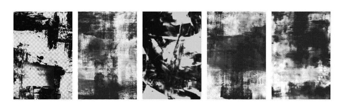 Grunge halftone effect, distressed poster backgrounds. Punk poster overlay surface with rough dotted pattern. Cyber grange contemporary design template for banners, flyers. Vector illustration