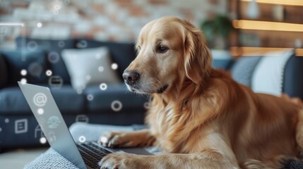 golden retriever dog is relaxing near his boss at home while she is working online at home office.