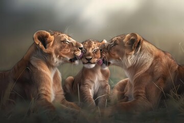 Two lionesses cuddling a lion baby.