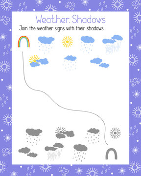 Weather elements and shadows matching game, topical vocabulary learning kids activity printable worksheet, educational or leisure activity puzzle simple seasonal vector illustration, teacher resources