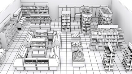 Drawing of grocery store isometric view with racks of blank goods. 3d illustration