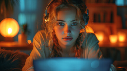 A young blonde woman sits in front of her laptop, wearing headphones and immersed in a lo-fi atmosphere - Powered by Adobe