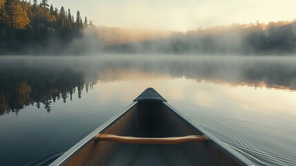 first person view of kayak boat at mountain lake with fog, pov canoe at misty river - Powered by Adobe
