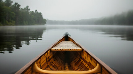 first person view of kayak boat at mountain lake with fog, pov canoe at misty river - obrazy, fototapety, plakaty