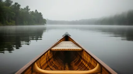 Poster first person view of kayak boat at mountain lake with fog, pov canoe at misty river © goami