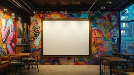 A hipster coffee shop with a graffiti art wall, featuring an empty canvas frame in a dynamic urban...