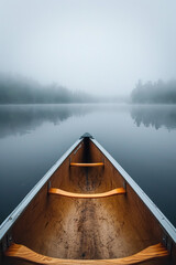  first person view of kayak boat at mountain lake with fog, pov canoe at misty river