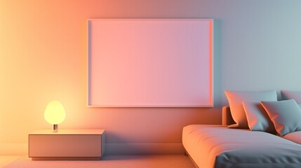 A minimalist bedroom in a modern house, where an empty canvas frame adorns a pastel-colored wall, illuminated by the soft light of a sleek bedside lamp.